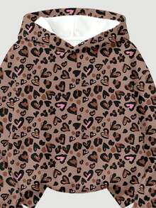 Toddler Girls Leopard Heart Graphic Hoodie & Wide Leg Pants Set, Brown Cozy Fleece (1 Set) Fall Winter - Multicolor - View 7