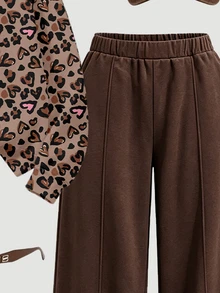 Toddler Girls Leopard Heart Graphic Hoodie & Wide Leg Pants Set, Brown Cozy Fleece (1 Set) Fall Winter - Multicolor - View 6