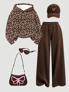 Toddler Girls Leopard Heart Graphic Hoodie & Wide Leg Pants Set, Brown Cozy Fleece (1 Set) Fall Winter - Multicolor - View 3