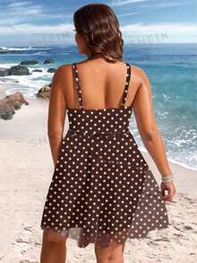 SHEIN Swim 大尺碼女款印花撞色網紗肩帶連身泳裝洋裝 棕色 夏季 性感 1920年代風 飄逸 休閒 優雅 派對海灘度假套裝 - 棕色 - 查看 2