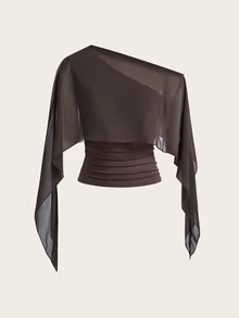 Opulessa Women's Street Style Asymmetrical Shoulder Fitted Ruched Top - Brown - View 3