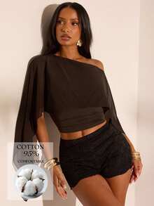 Opulessa Women's Street Style Asymmetrical Shoulder Fitted Ruched Top - Brown - View 1