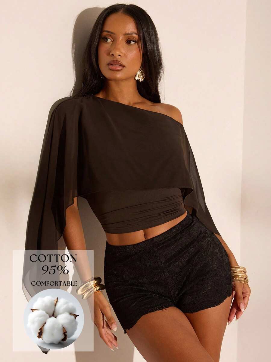 Opulessa Women's Street Style Asymmetrical Shoulder Fitted Ruched Top - Brown - View 1