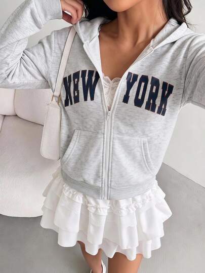 SHEIN 青少年女孩秋季連帽拉鍊外套，英文印花，淺灰色，秋季休閒街頭風運動衫，保暖冬季校園穿搭