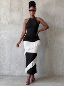 BamGlimmer Gaun Rajut Kasual Wanita dengan Desain Rumbai dan Motif Blok Warna, Model Halter Neck untuk Pesta - Hitam dan Putih - View 4