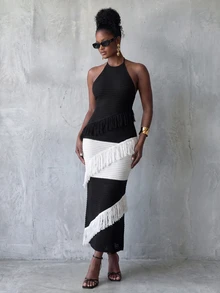 BamGlimmer Gaun Rajut Kasual Wanita dengan Desain Rumbai dan Motif Blok Warna, Model Halter Neck untuk Pesta - Hitam dan Putih - View 7