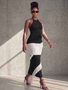 BamGlimmer Gaun Rajut Kasual Wanita dengan Desain Rumbai dan Motif Blok Warna, Model Halter Neck untuk Pesta - Hitam dan Putih - View 5