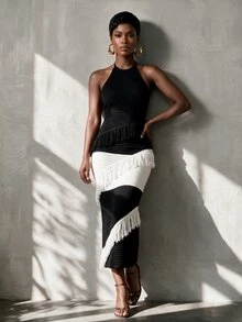 BamGlimmer Gaun Rajut Kasual Wanita dengan Desain Rumbai dan Motif Blok Warna, Model Halter Neck untuk Pesta - Hitam dan Putih - View 2
