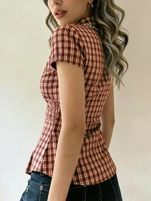 SHEIN 休閒格紋領短袖襯衫，夏季 - 鏽棕色 - 查看 2