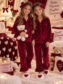 Kids Tween Girl 2pcs/Girls Wine Ruffle Trim Pajama Set Soft Lapel Sleep LoungewearSuitable For Outdoor Wear - Burgundy - View 14