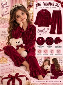 Kids Tween Girl 2pcs/Girls Wine Ruffle Trim Pajama Set Soft Lapel Sleep LoungewearSuitable For Outdoor Wear - Burgundy - View 13