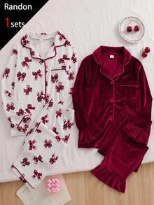 Kids Tween Girl 2pcs/Girls Wine Ruffle Trim Pajama Set Soft Lapel Sleep LoungewearSuitable For Outdoor Wear - Burgundy - View 2