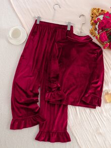 Kids Tween Girl 2pcs/Girls Wine Ruffle Trim Pajama Set Soft Lapel Sleep LoungewearSuitable For Outdoor Wear - Burgundy - View 9