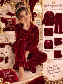 Kids Tween Girl 2pcs/Girls Wine Ruffle Trim Pajama Set Soft Lapel Sleep LoungewearSuitable For Outdoor Wear - Burgundy - View 12
