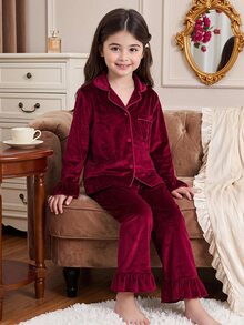 Kids Tween Girl 2pcs/Girls Wine Ruffle Trim Pajama Set Soft Lapel Sleep LoungewearSuitable For Outdoor Wear - Burgundy - View 11