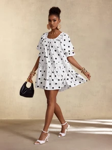 SHEIN Gaun Kasual Lipit Polkadot untuk Wanita, Cocok untuk Sehari-hari di Musim Panas - Hitam dan Putih - View 8