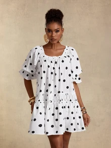 SHEIN Gaun Kasual Lipit Polkadot untuk Wanita, Cocok untuk Sehari-hari di Musim Panas - Hitam dan Putih - View 6