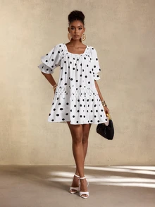 SHEIN Gaun Kasual Lipit Polkadot untuk Wanita, Cocok untuk Sehari-hari di Musim Panas - Hitam dan Putih - View 9