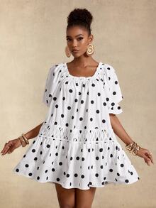 SHEIN Gaun Kasual Lipit Polkadot untuk Wanita, Cocok untuk Sehari-hari di Musim Panas - Hitam dan Putih - View 4