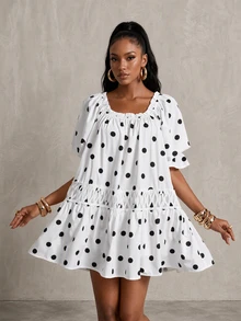 SHEIN Gaun Kasual Lipit Polkadot untuk Wanita, Cocok untuk Sehari-hari di Musim Panas - Hitam dan Putih - View 2