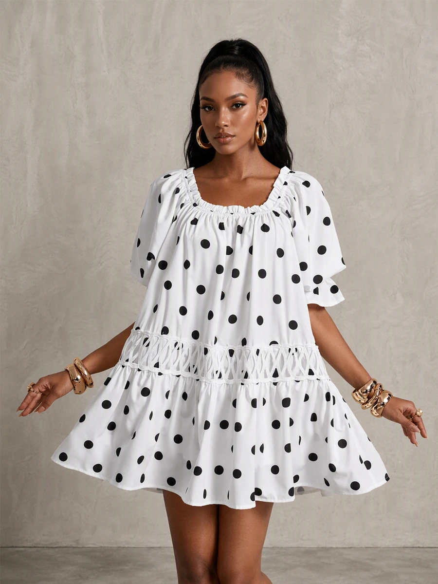 SHEIN Gaun Kasual Lipit Polkadot untuk Wanita, Cocok untuk Sehari-hari di Musim Panas