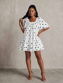 SHEIN Gaun Kasual Lipit Polkadot untuk Wanita, Cocok untuk Sehari-hari di Musim Panas - Hitam dan Putih - View 10