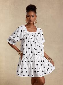 SHEIN Gaun Kasual Lipit Polkadot untuk Wanita, Cocok untuk Sehari-hari di Musim Panas - Hitam dan Putih - View 7