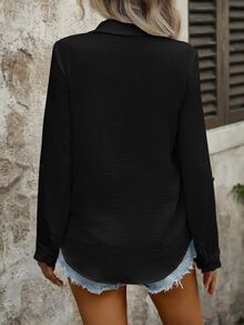 Pariaura Casual Solid Color Pocket Button-Front Long Sleeve Minimalist Shirt Fall Cloth For Women - Black - View 4