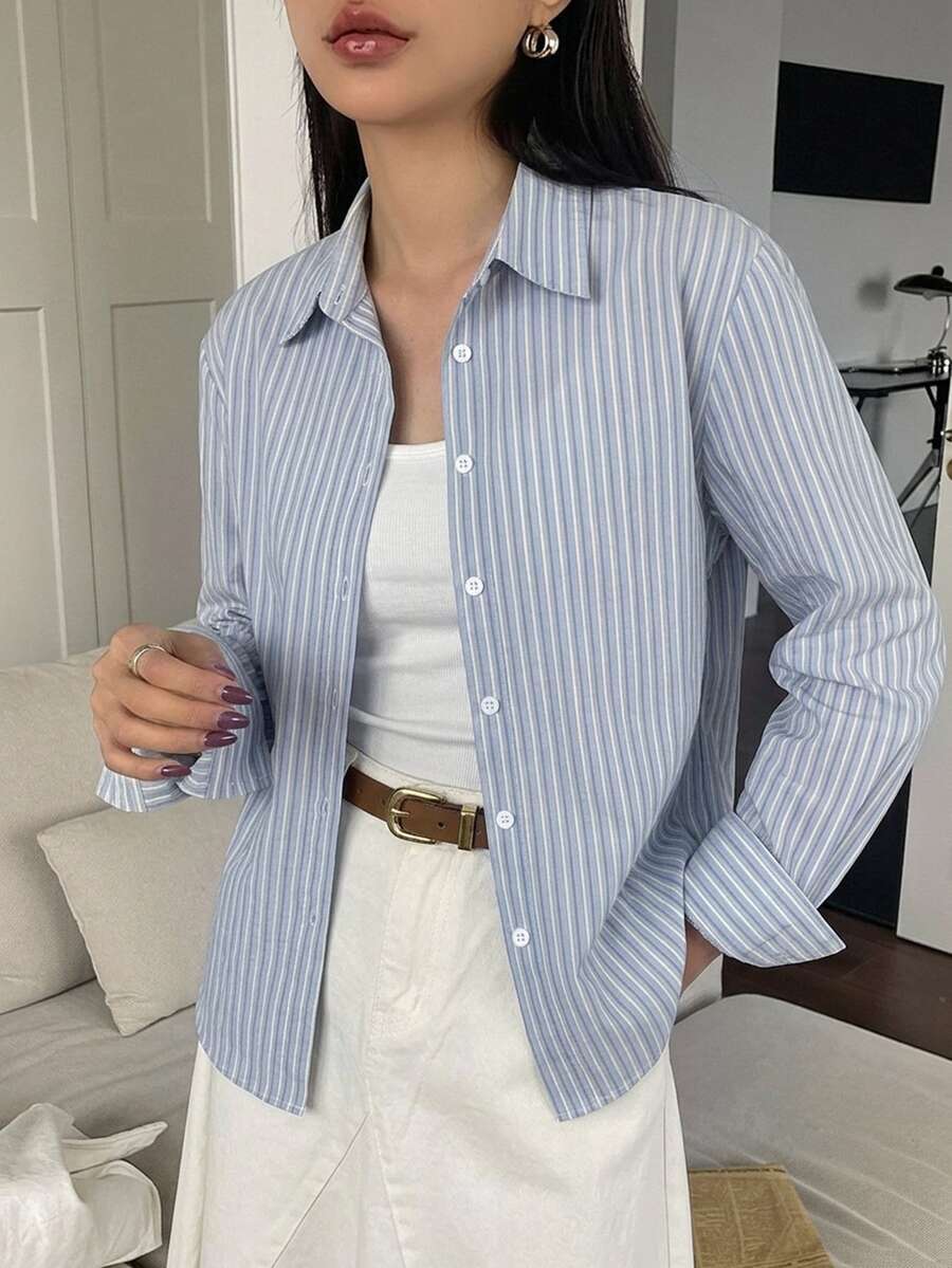 DAZY Women's Casual Commute Striped Long Sleeve Shirt Fall - Blue - View 1