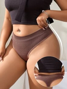 SHEIN Plus Size Seamless Textured Thong Panty, 1pc - Coffee Brown - View 3