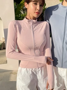 DAZY Women's Solid Color Elastic Mock Neck Fitted Long Sleeve Jacket, Casual Sports, Spring/Autumn School - Pink - View 4