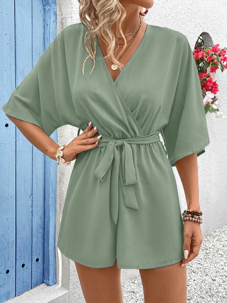 Vivid Eden Women's V-Neck Crossed Waist Tie Ruffle Textured Fabric Casual Vacation Romper - Green - View 3