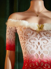 ChaseTheNight 1pc Women's Colorblock Patchwork Furry Off-Shoulder Sexy Nightgown - Red and White - View 8