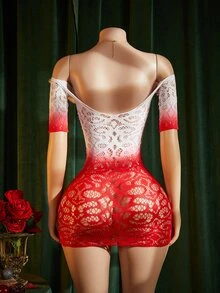 ChaseTheNight 1pc Women's Colorblock Patchwork Furry Off-Shoulder Sexy Nightgown - Red and White - View 7