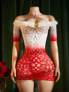 ChaseTheNight 1pc Women's Colorblock Patchwork Furry Off-Shoulder Sexy Nightgown - Red and White - View 1