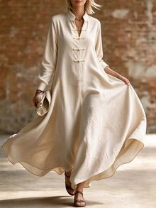 Balvessa Solid Rib-Knit Notch Neck Frog Button Long Dress - Beige - View 5