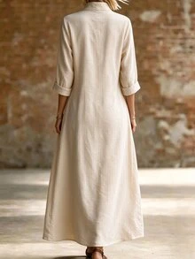 Balvessa Solid Rib-Knit Notch Neck Frog Button Long Dress - Beige - View 2