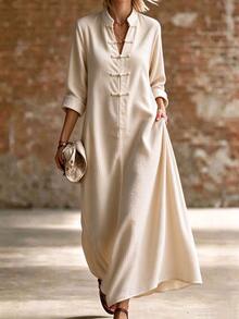 Balvessa Solid Rib-Knit Notch Neck Frog Button Long Dress - Beige - View 4