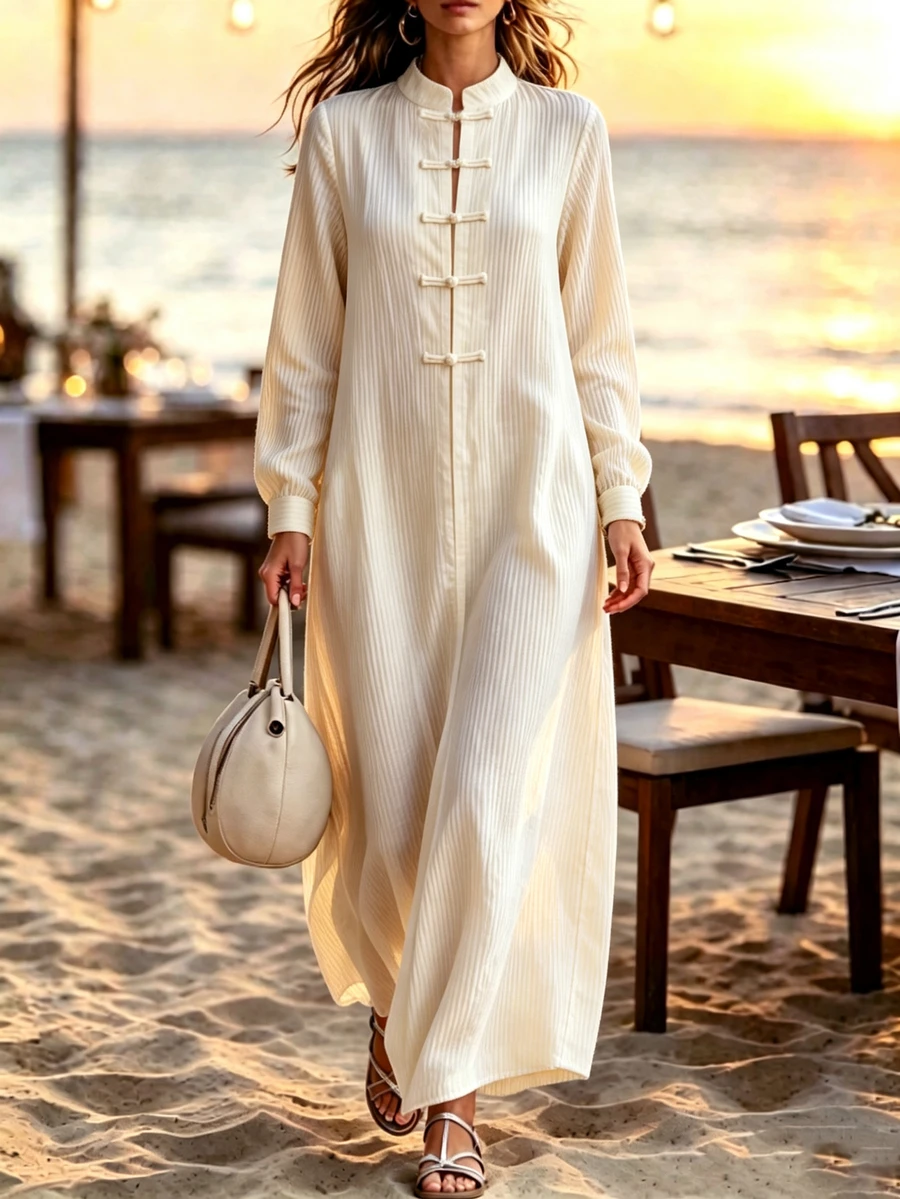 Balvessa Solid Rib-Knit Notch Neck Frog Button Long Dress - Beige - View 1