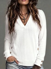 LUMIGAL Soft Ribbed Knit Pullover For Women, VNeck Long Sleeve Shirt, Decorative Side Buttons, Relaxed Fit Daily Outfit - Multicolor - View 1