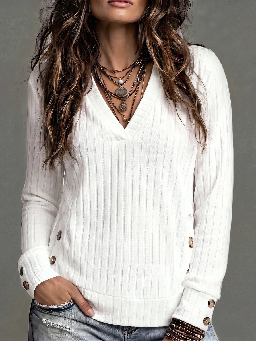 LUMIGAL Soft Ribbed Knit Pullover For Women, VNeck Long Sleeve Shirt, Decorative Side Buttons, Relaxed Fit Daily Outfit - Multicolor - View 1