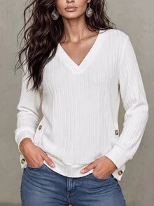 LUMIGAL Soft Ribbed Knit Pullover For Women, VNeck Long Sleeve Shirt, Decorative Side Buttons, Relaxed Fit Daily Outfit - Multicolor - View 4