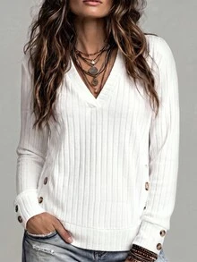 LUMIGAL Soft Ribbed Knit Pullover For Women, VNeck Long Sleeve Shirt, Decorative Side Buttons, Relaxed Fit Daily Outfit - Multicolor - View 3