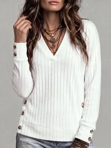 LUMIGAL Soft Ribbed Knit Pullover For Women, VNeck Long Sleeve Shirt, Decorative Side Buttons, Relaxed Fit Daily Outfit - Multicolor - View 5
