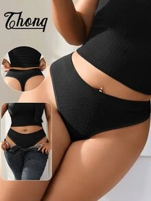 1pc Plus Size Women Seamless Solid Color Invisible Thong Panty - Black - View 4