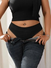 1pc Plus Size Women Seamless Solid Color Invisible Thong Panty - Black - View 5