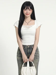 SHEIN ICON Minimalist Sexy Casual Lace 2 In 1 Flutter Sleeve Women's T-Shirt Night Out White Summer - White - View 5