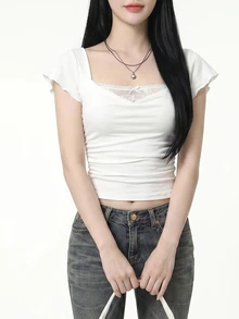 SHEIN ICON Minimalist Sexy Casual Lace 2 In 1 Flutter Sleeve Women's T-Shirt Night Out White Summer - White - View 3
