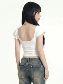 SHEIN ICON Minimalist Sexy Casual Lace 2 In 1 Flutter Sleeve Women's T-Shirt Night Out White Summer - White - View 2