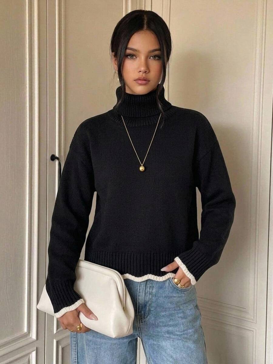 SHEIN Teen Girl French Vintage Loose Turtleneck Long Sleeve Chunky Knit Colorblock Pullover Sweater, Sweaters, Fall Tops, Knitwear, Fall Outfits, Cozy - Black - View 1